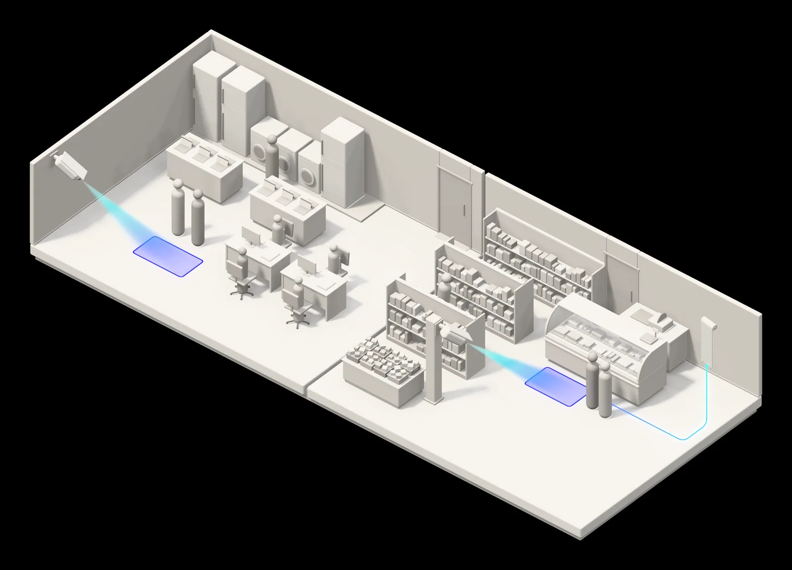 Illustration of an electronics showroom and a supermarket: customers wait by the sales desks in one and at the service counter in the other