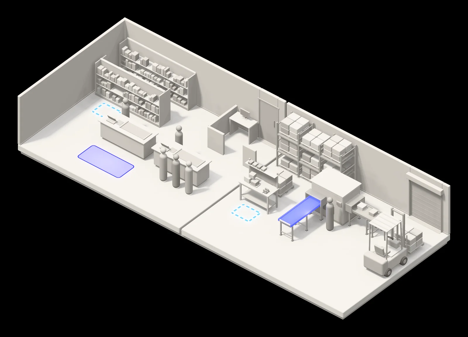 Illustration of a store and a plant: shelves and two checkouts in the store, and a machine, a workbench and racks in the plant