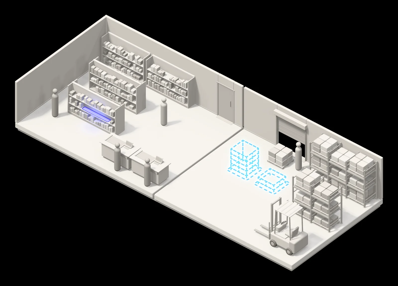 Illustration of a store and its stockroom, where a pallet has just been delivered beside full racks