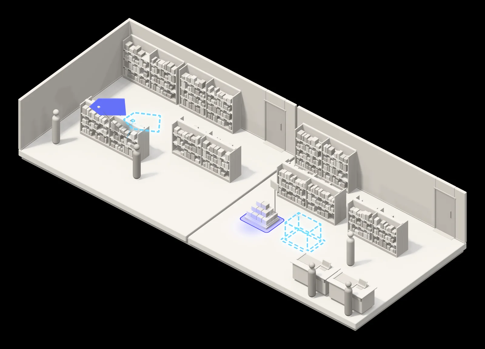 Illustration of a store with aisles of shelves, a promotion display and two checkouts