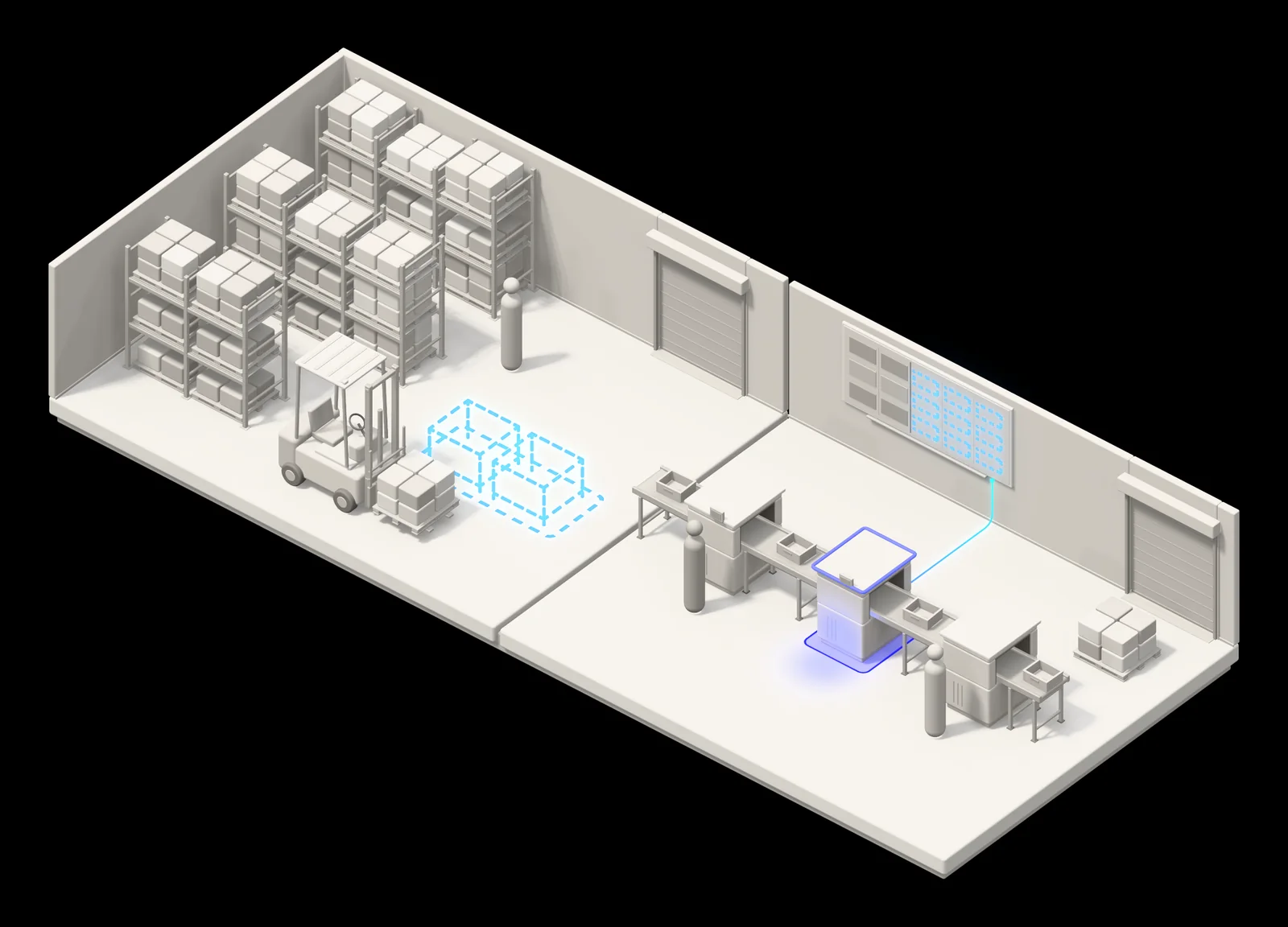Illustration of a plant: a storage area with racks and a forklift, and a production line with a planning board on the wall