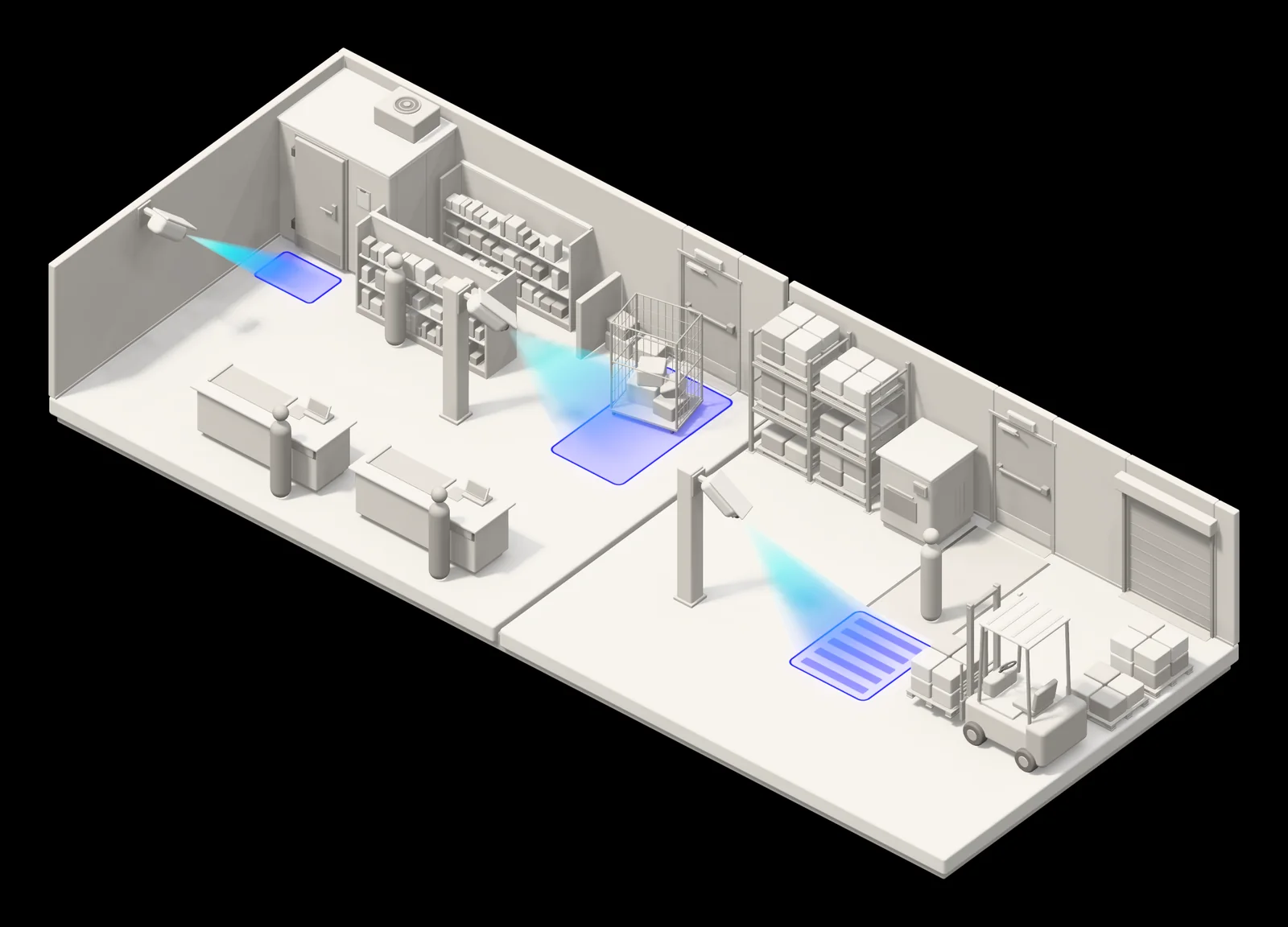 Illustration of a store and a plant: a checkpoint at a cold-room door and a back exit blocked by a wire trolley in the store, and a forklift crossing in the plant