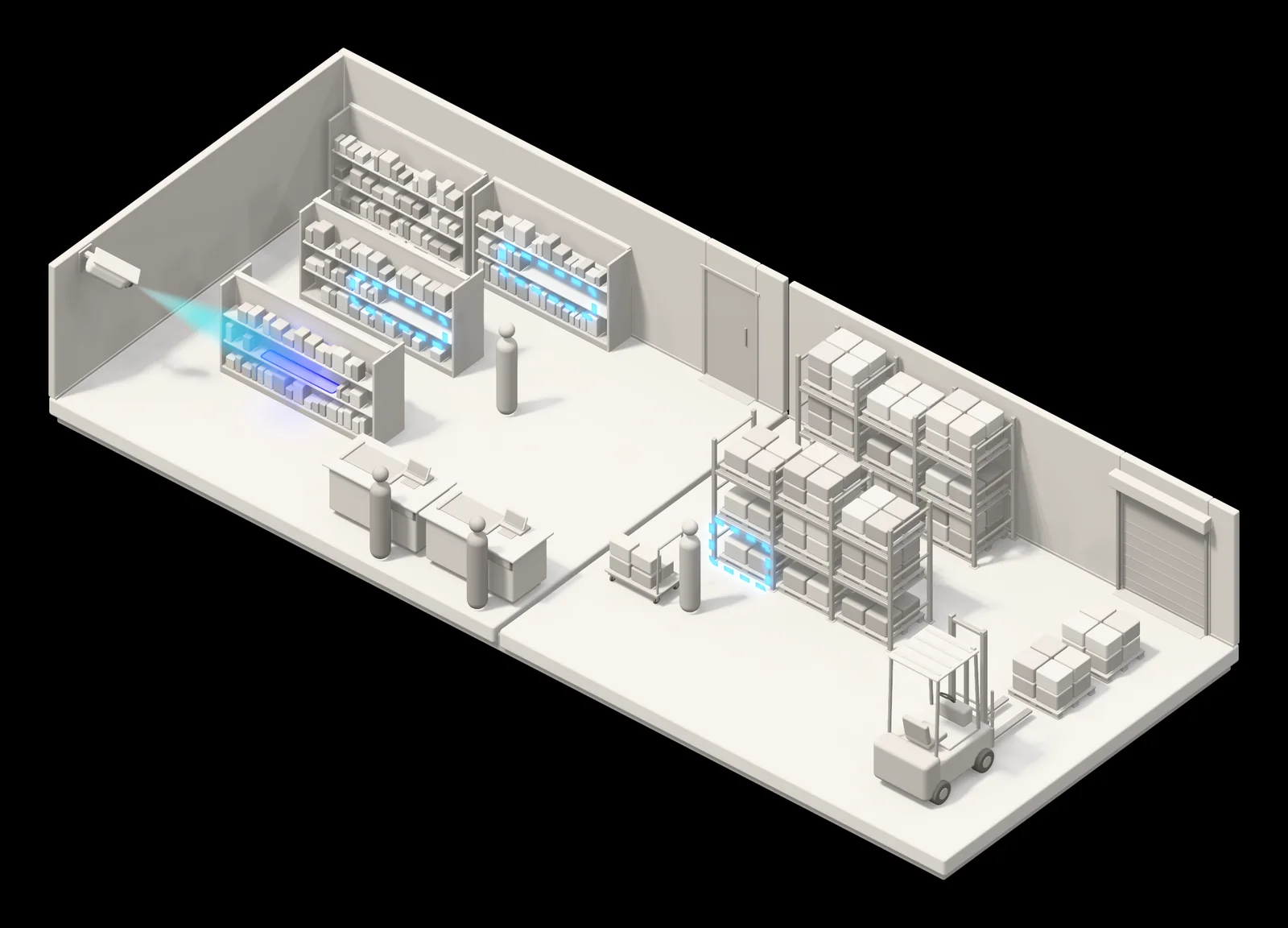 Illustration of a store and its full stockroom: a camera faces the shelves, and a team member pushes a trolley of cartons out to the shelves