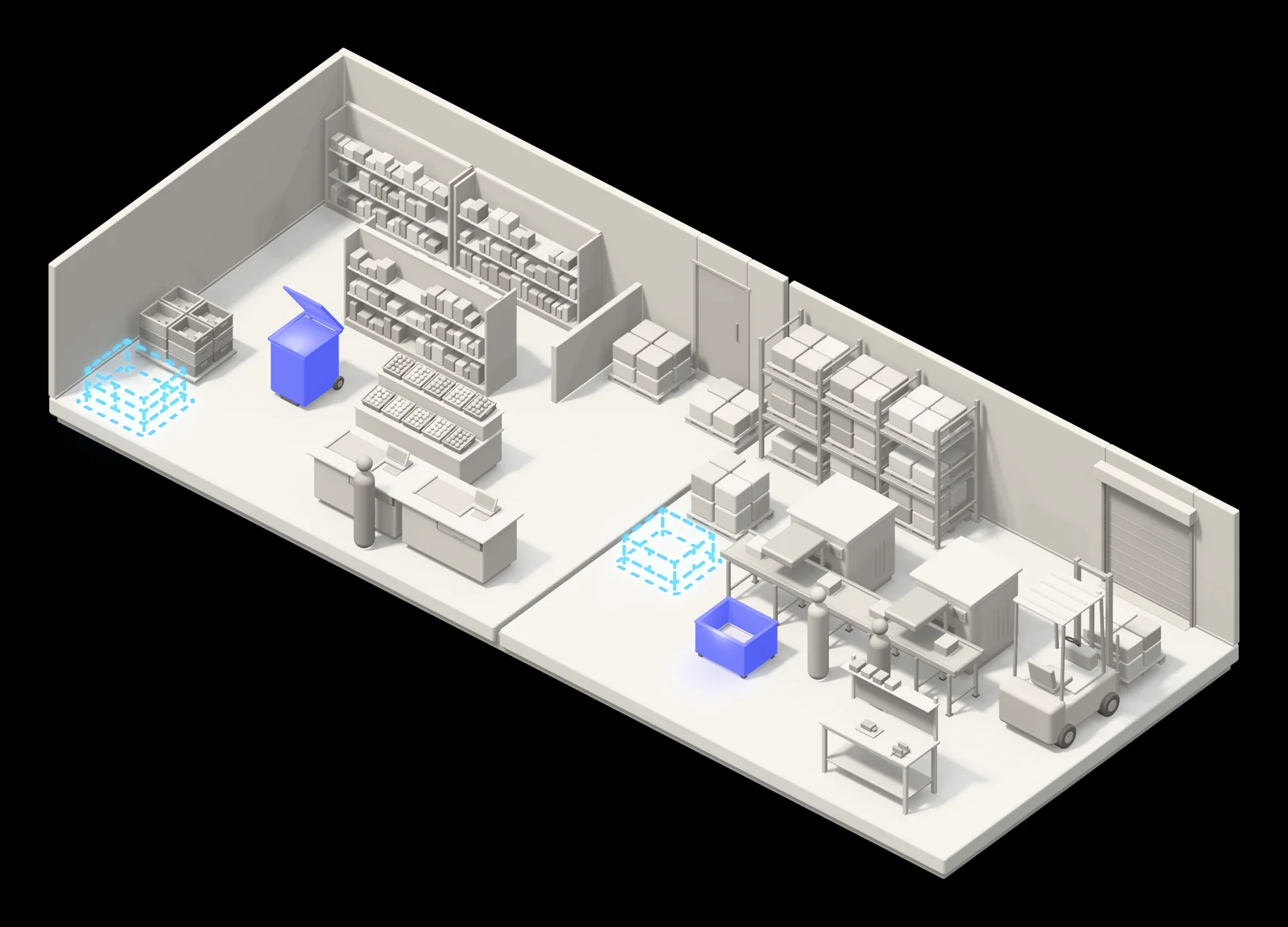 Illustration of a store and a plant: fresh produce and a waste bin in the store, and a production line with a reject bin in the plant