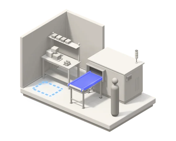 Illustration: an operator waits at a machine whose empty conveyor is lit in blue, and a dashed spot marks a workbench where the forecast says staff are needed