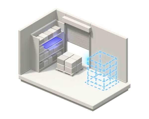 Illustration: a delivery arrives in the stockroom while one shelf has already run out, and a dashed outline shows the forecast for the next order