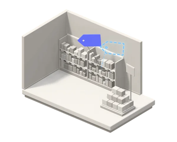 Illustration: store shelves with one price tag lifted out in blue, a dashed test price beside it and a promotion display at the end