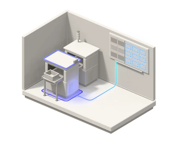 Illustration: a short production line where one station is lit in blue and linked to a planning board showing the coming shifts as dashed cards