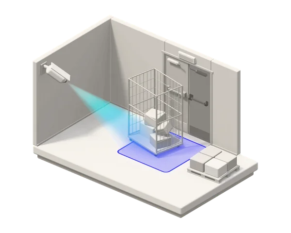 Illustration: a wire trolley of boxes blocks a back-room emergency exit, its floor area lit in blue and watched by a camera