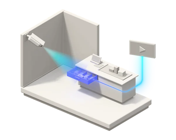 Illustration: a checkout with its cash drawer open under a ceiling camera, joined by a blue line to a video clip