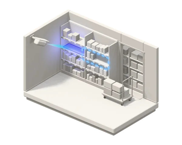 Illustration: a camera spots an empty shelf, the next shelf likely to run short is outlined in dashes, and a trolley of cartons comes out of the full stockroom