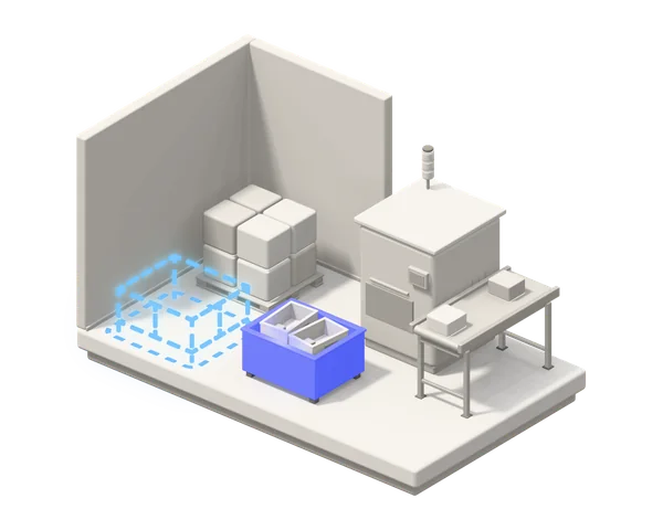 Illustration: a production station whose reject bin is lit in blue, with a pallet of material beside it and a shorter dashed outline of the smaller batch the forecast suggests